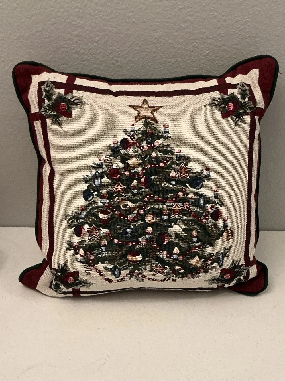 Newport Needlepoint Christmas Tree Pillow in Green, Red & Cream